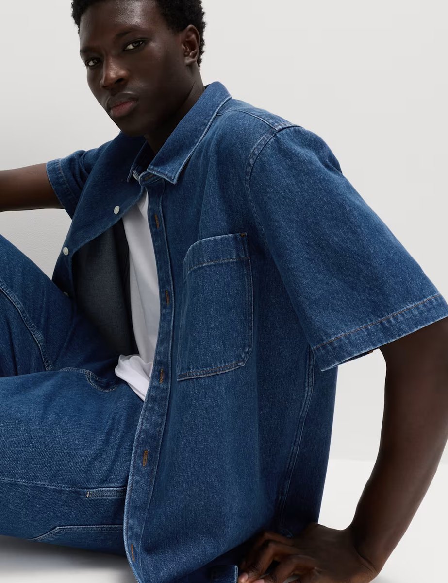 Marks & Spencer M&S Pure Cotton Denim Short Sleeve Shirt Light Blue - 3