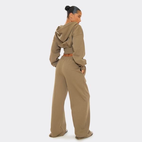 EGO Drawstring Waist Wide Leg Joggers In Khaki Green, Women's Size UK 4 - 2