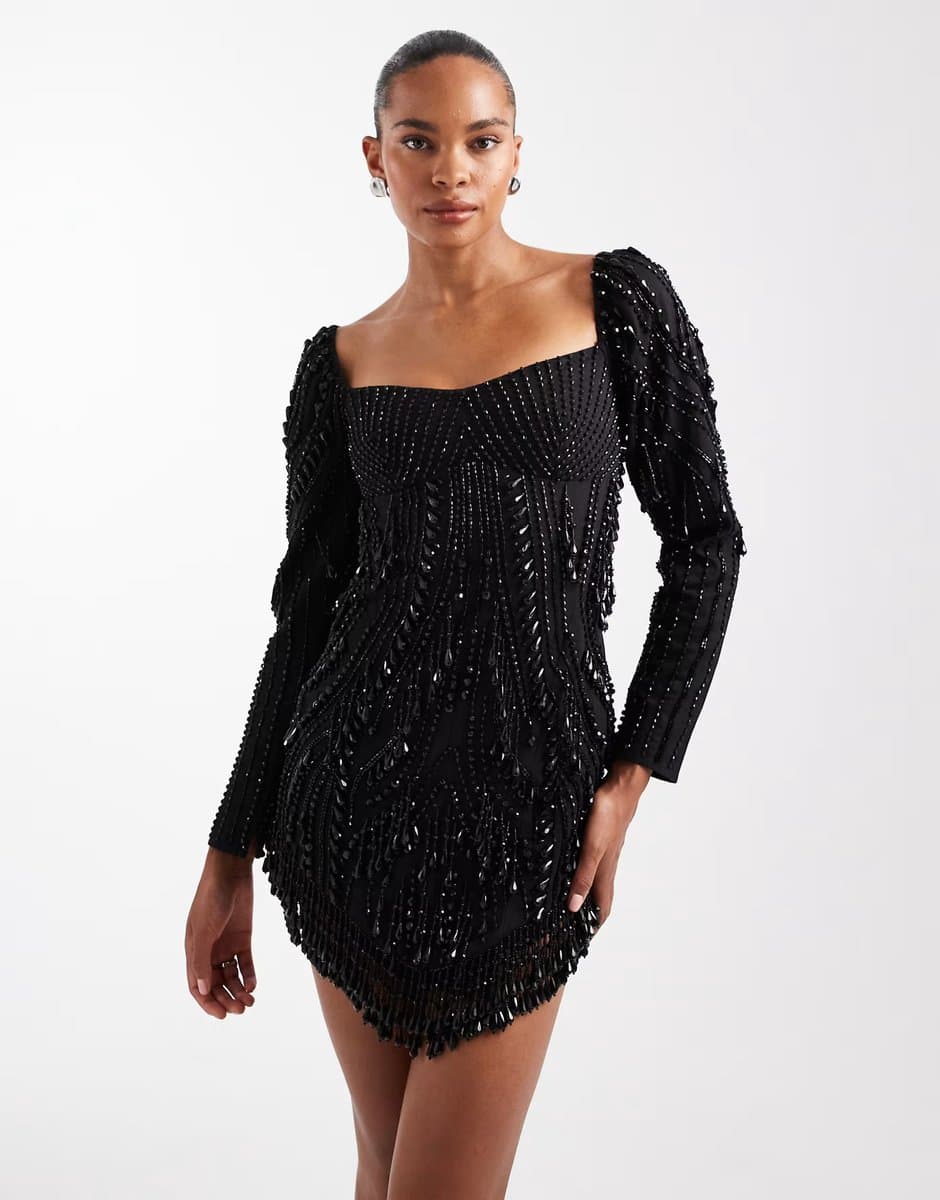 ASOS ASOS DESIGN embellished panelled mini dress with beaded fringe in black