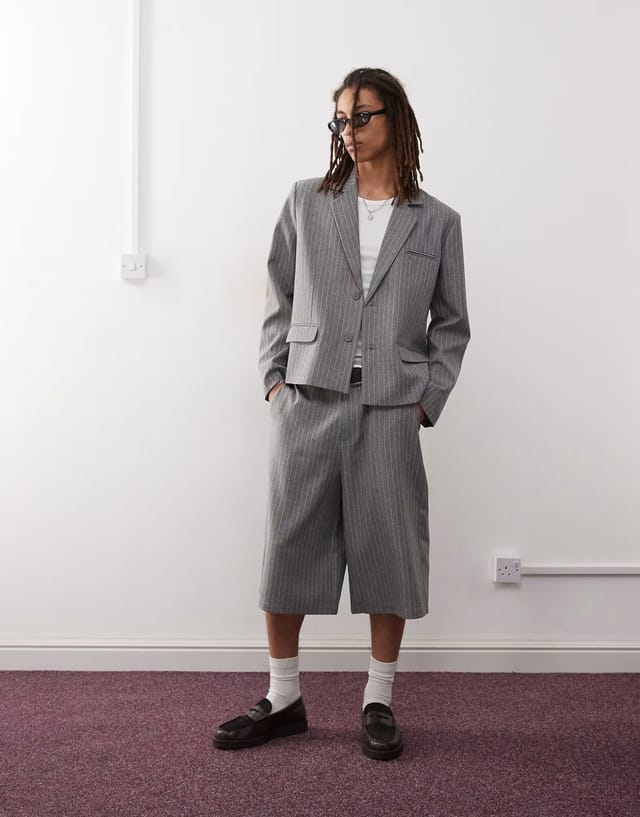 ASOS COLLUSION boxy pinstripe blazer co-ord in stone - 3