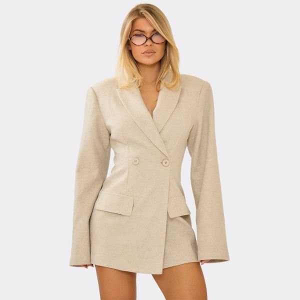 EGO Shoulder Pad Cinched Waist Wool Look Blazer Dress In Stone, Women's Size UK 6