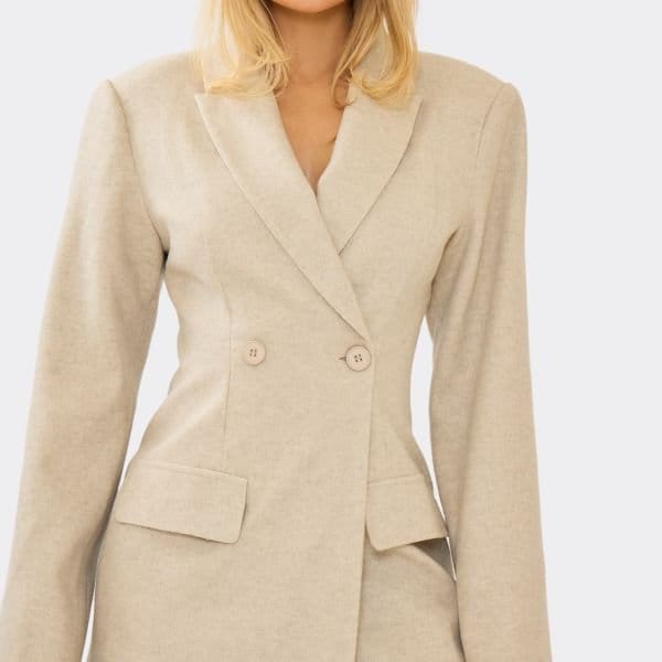 EGO Shoulder Pad Cinched Waist Wool Look Blazer Dress In Stone, Women's Size UK 6 - 2