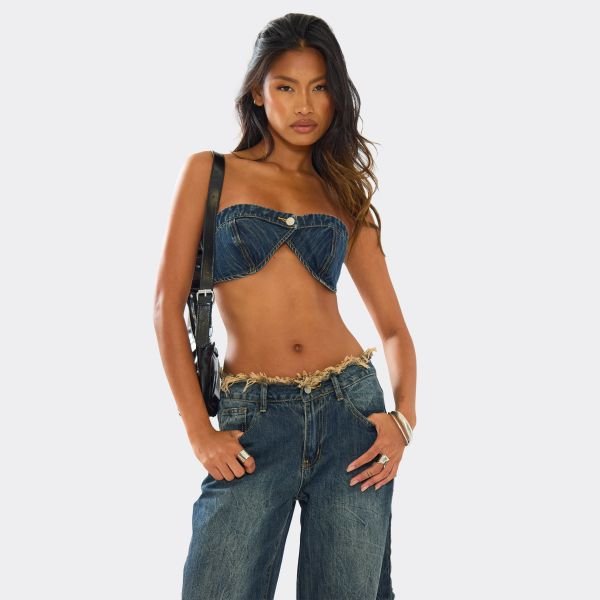 EGO Bandeau Button Front Bralet In Washed Dark Blue Denim, Women's Size UK 8 - 1