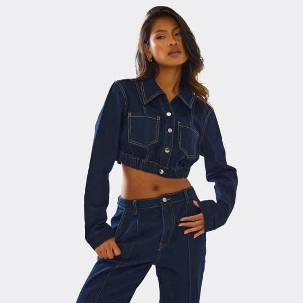 EGO Long Sleeve Button Down Cinched Waist Detail Crop Jacket In Indigo Blue Denim, Women's Size UK 6