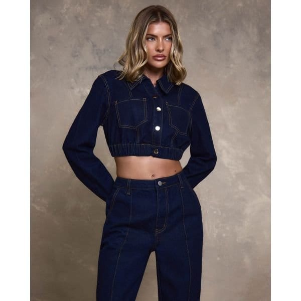 EGO Long Sleeve Button Down Cinched Waist Detail Crop Jacket In Indigo Blue Denim, Women's Size UK 6 - 2