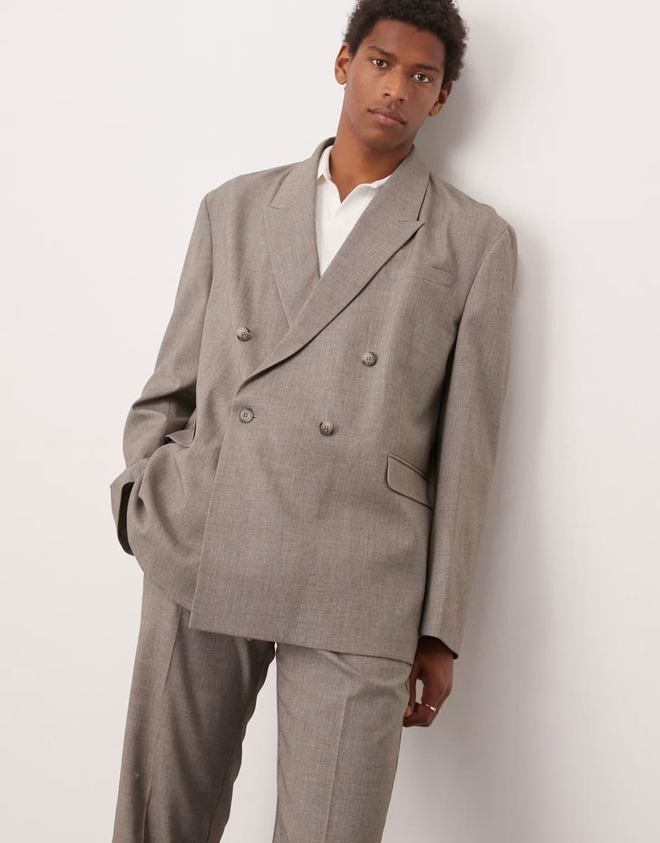 ASOS ASOS DESIGN double breasted slouchy oversized suit jacket in grey melange texture