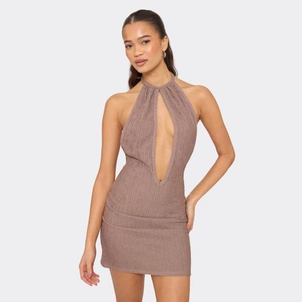 EGO Halterneck Keyhole Cut Out Mini Dress In Brown, Women's Size UK 6