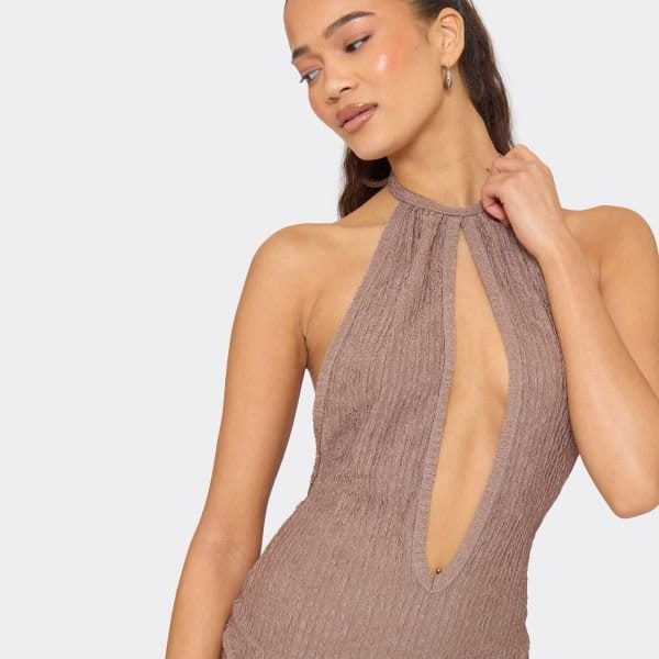 EGO Halterneck Keyhole Cut Out Mini Dress In Brown, Women's Size UK 6 - 2