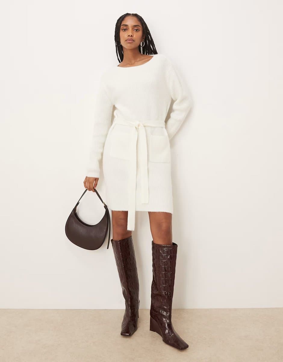 ASOS Vila tie waist knitted mini dress in white