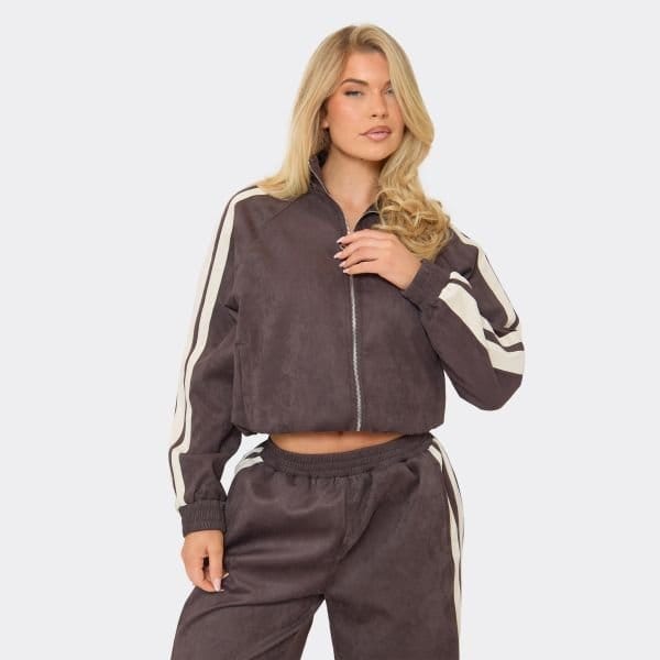 EGO Contrast Side Stripe Zip Up Jacket In Chocolate Brown Faux Suede, Women's Size UK 6 - 1