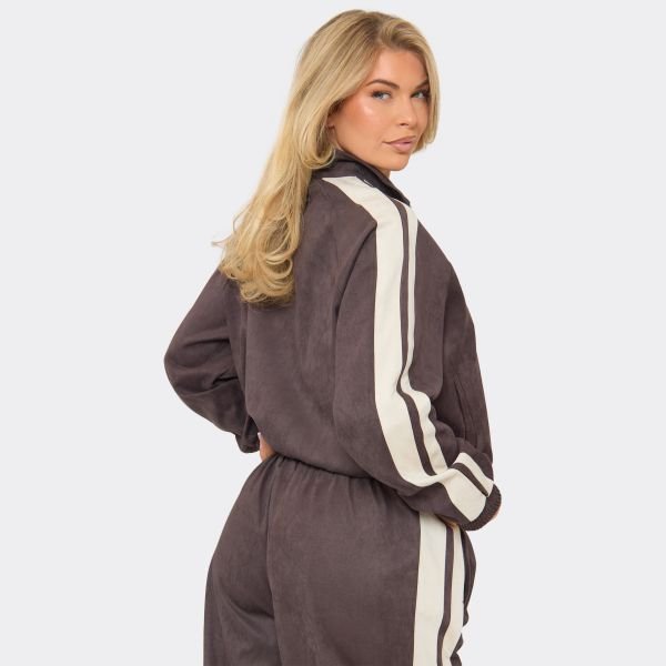 EGO Contrast Side Stripe Zip Up Jacket In Chocolate Brown Faux Suede, Women's Size UK 6 - 2
