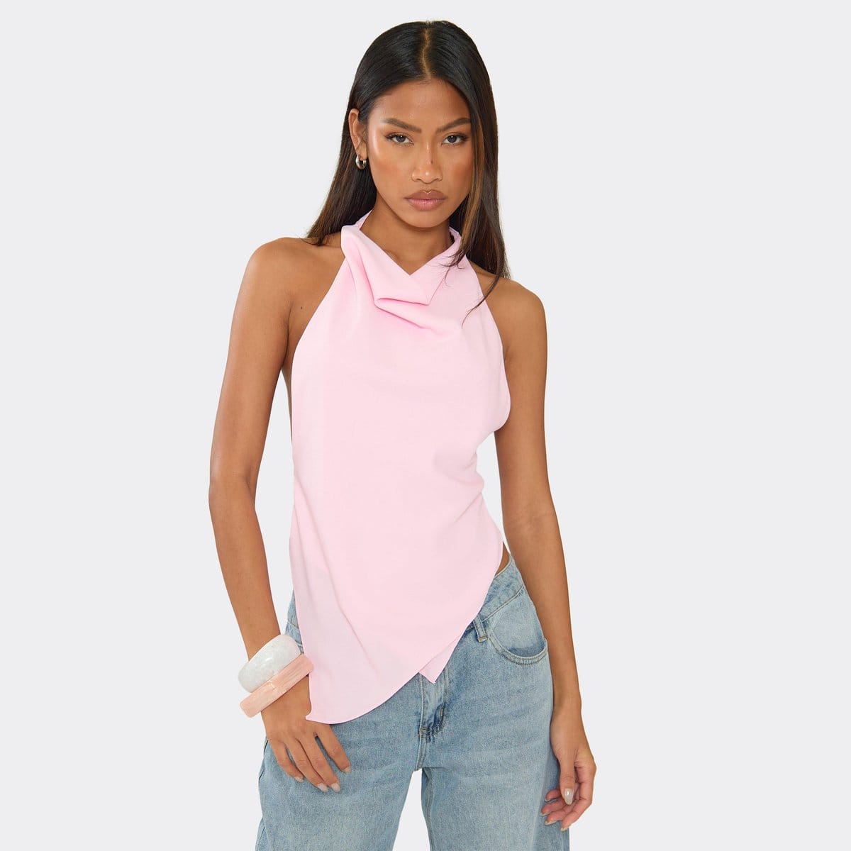 EGO Halter Neck Layered Detail Top In Pink Chiffon, Women's Size UK 6 - 1