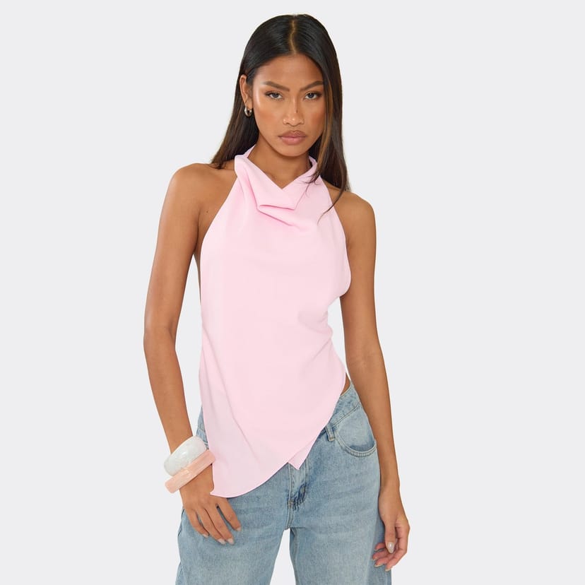 EGO Halter Neck Layered Detail Top In Pink Chiffon, Women's Size UK 6 - 1