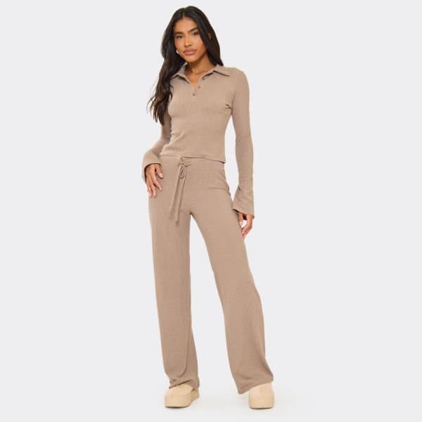 EGO EGO Taupe Ribbed Drawstring Waist Straight Leg Trousers
