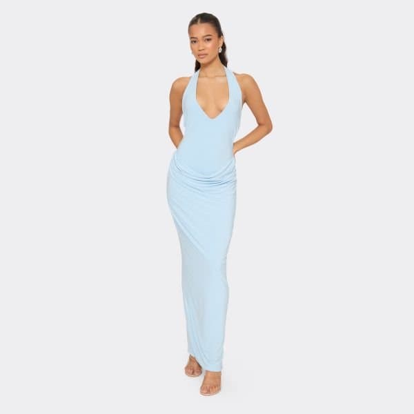 EGO Plunge Halterneck Maxi Dress In Baby Blue, Women's Size UK 6