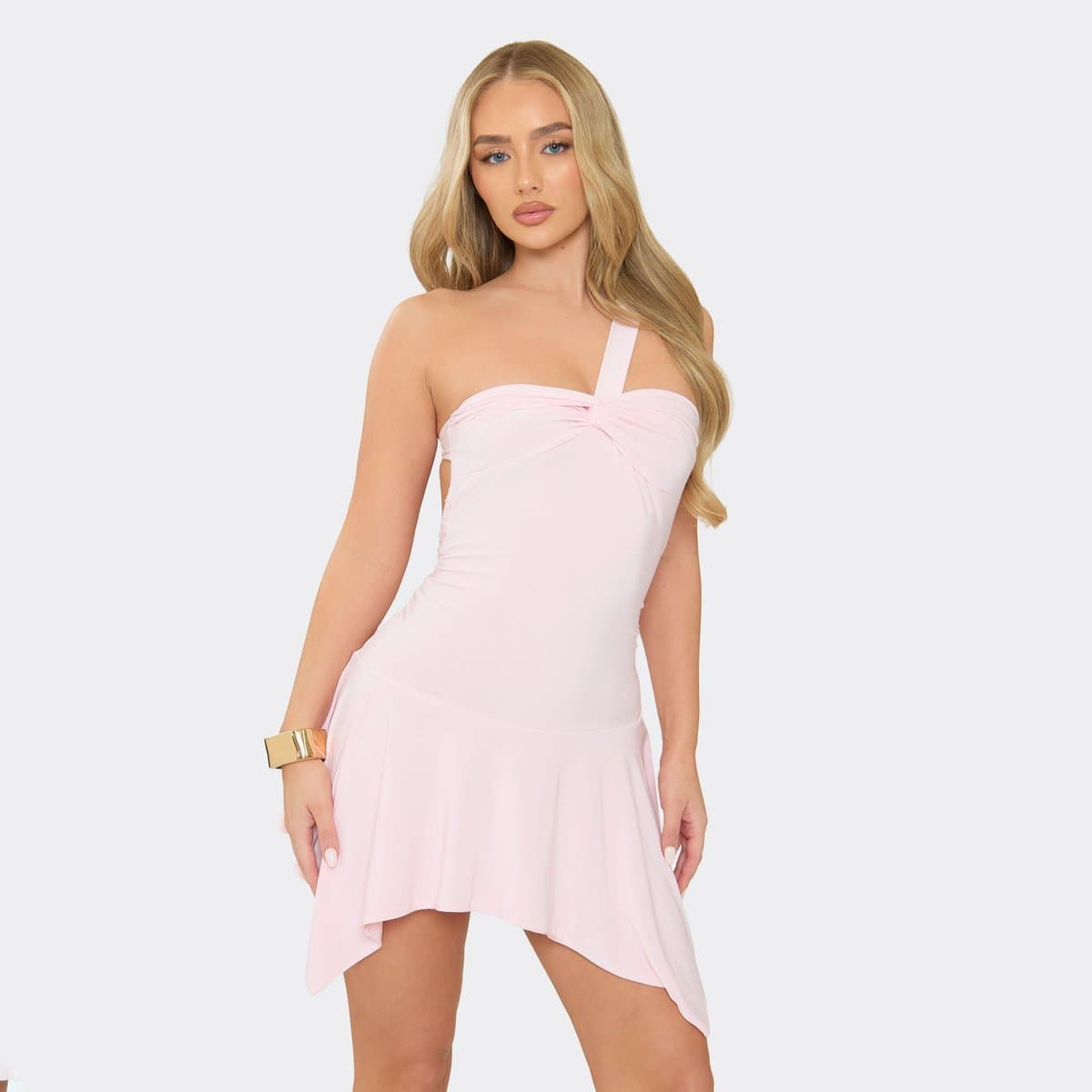 EGO One Shoulder Open Back Hanky Hem Mini Dress In Baby Pink, Women's Size UK 6