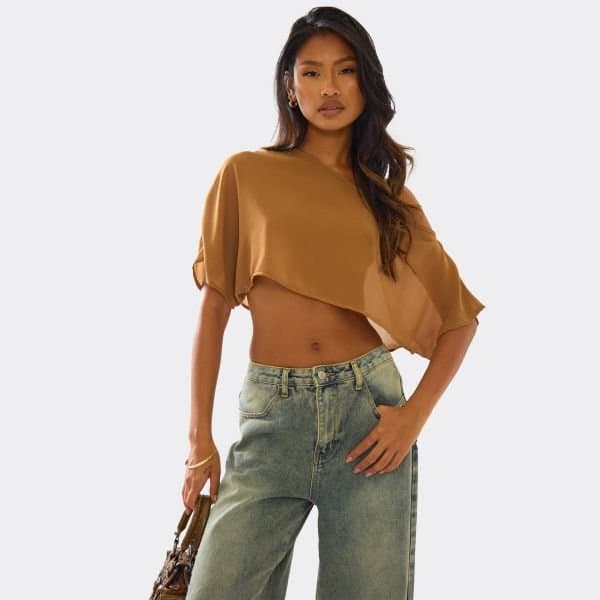 EGO Slash Neck Cape Top In Brown Chiffon, Women's Size UK 10