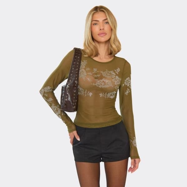 EGO Long Sleeve Embellished Detail Top In Khaki Green Mesh, Women's Size UK 6