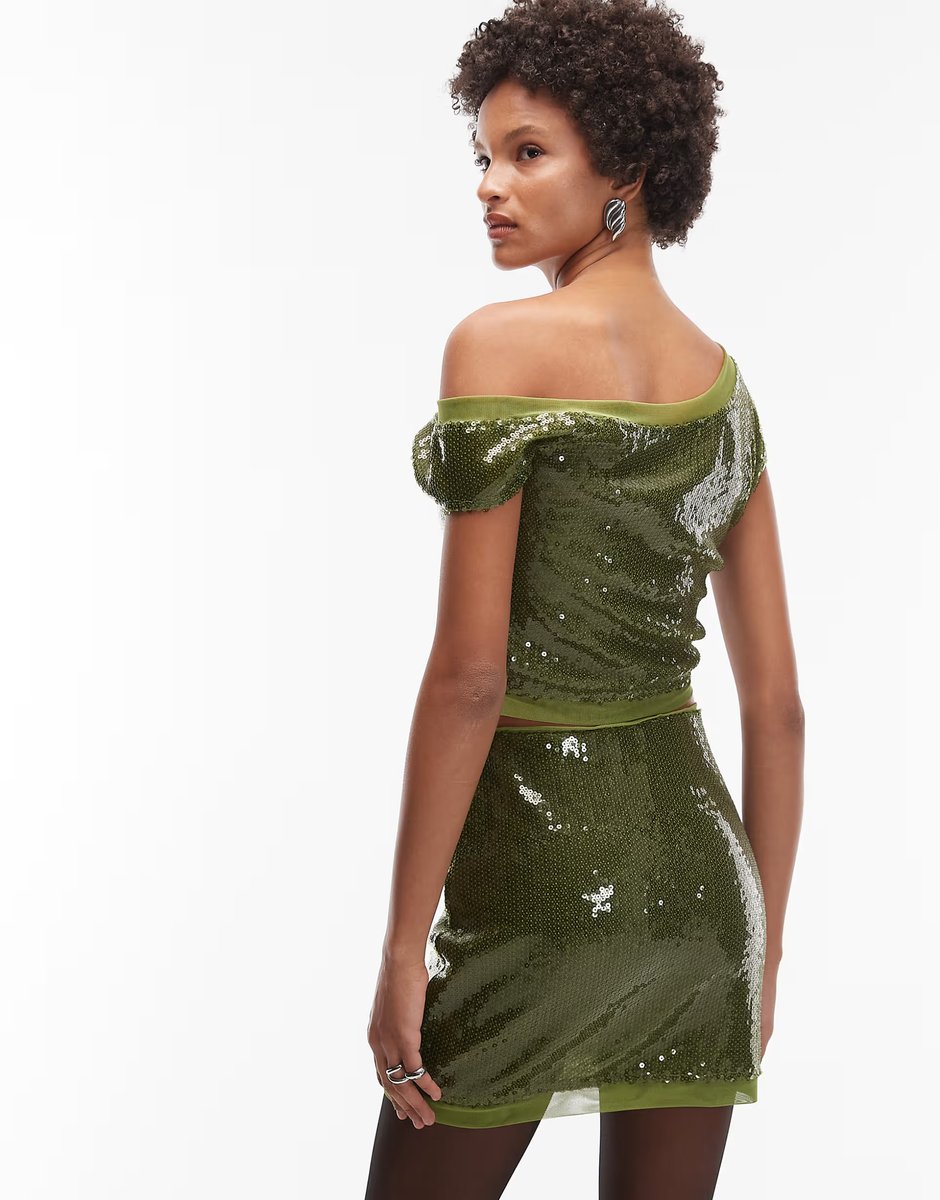 ASOS ASOS DESIGN co-ord sequin mesh mix mini skirt in olive - 2