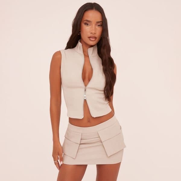 EGO High Neck Zip Front Sleeveless Top In Stone, Women's Size UK 8