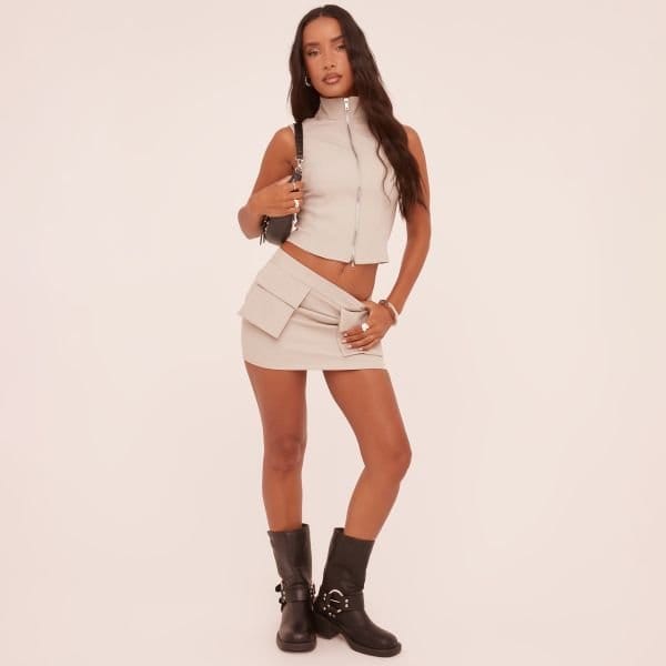 EGO High Neck Zip Front Sleeveless Top In Stone, Women's Size UK 8 - 2