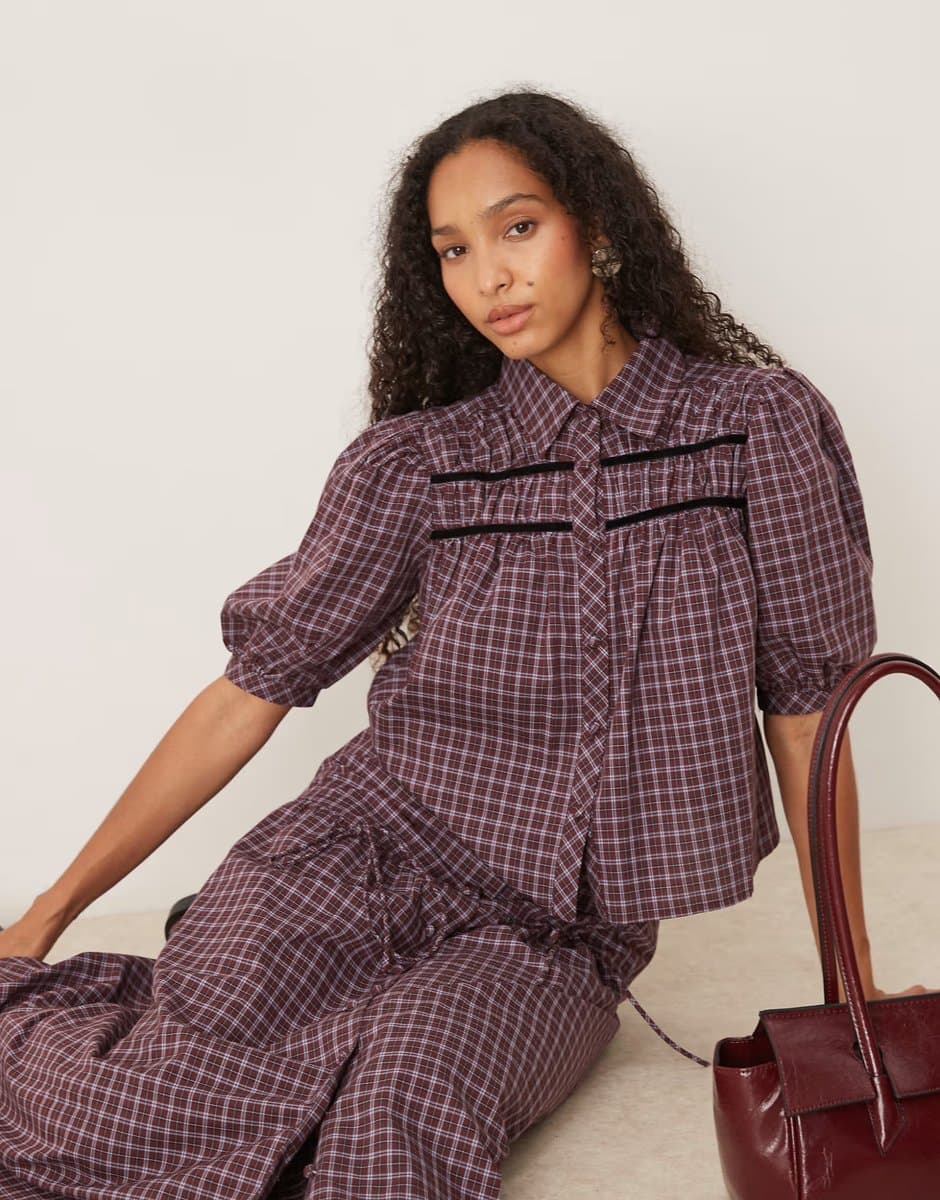 ASOS Glamorous ruched shirt in burgundy black white check co-ord