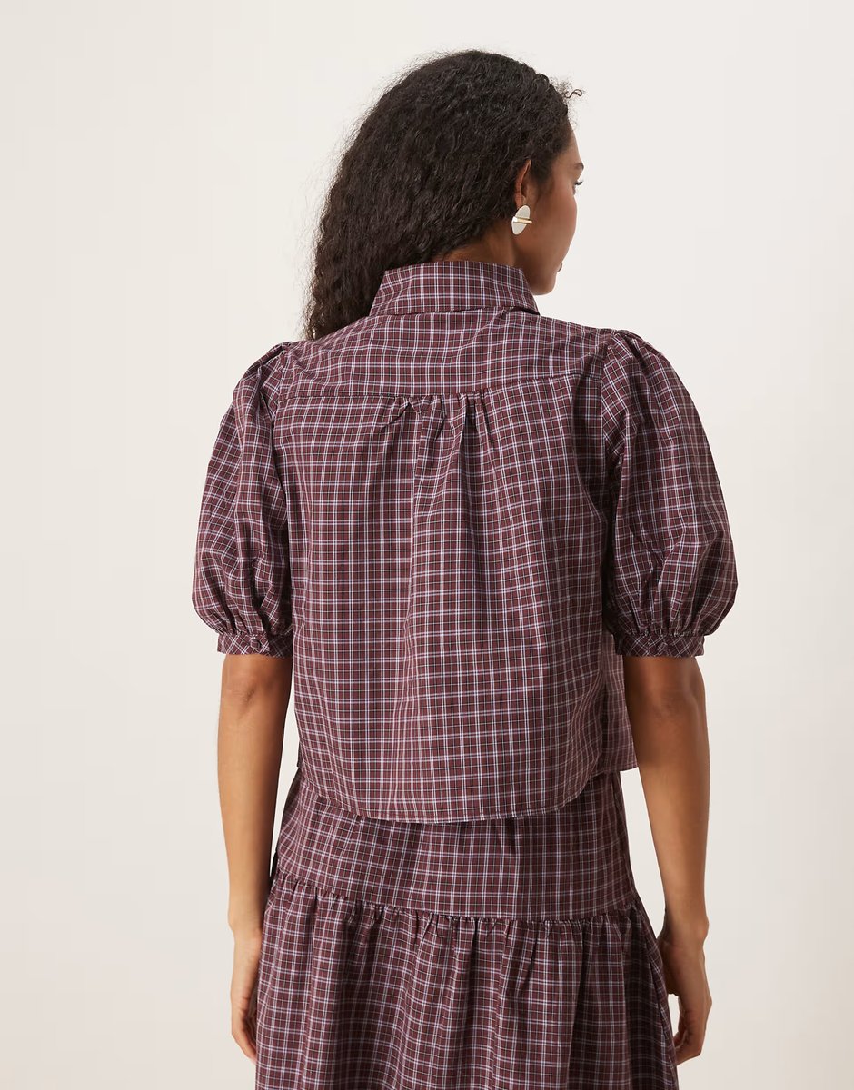 ASOS Glamorous ruched shirt in burgundy black white check co-ord - 4