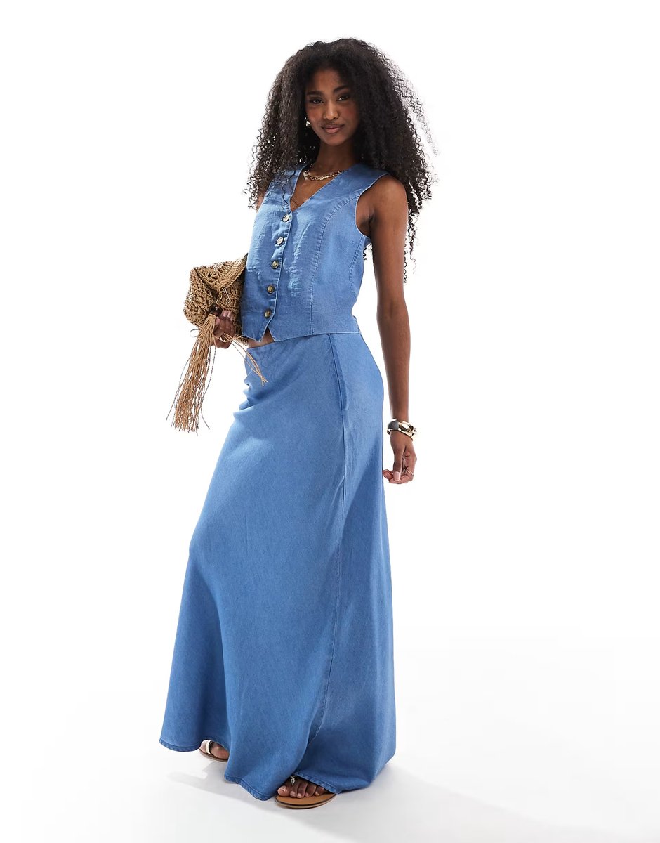 ASOS ONLY chambray denim waistcoat co-ord in mid blue - 3