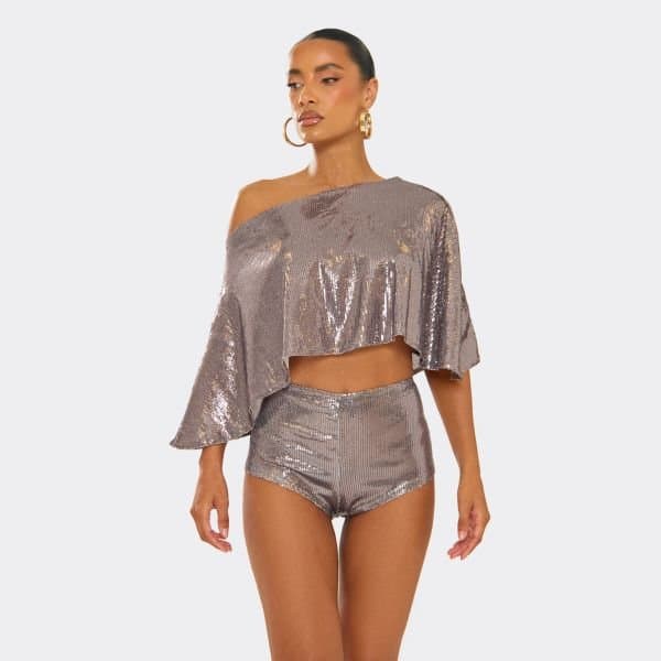EGO Asymmetric Off The Shoulder Cape Top In Brown Metallic Sequin, Women's Size UK 6