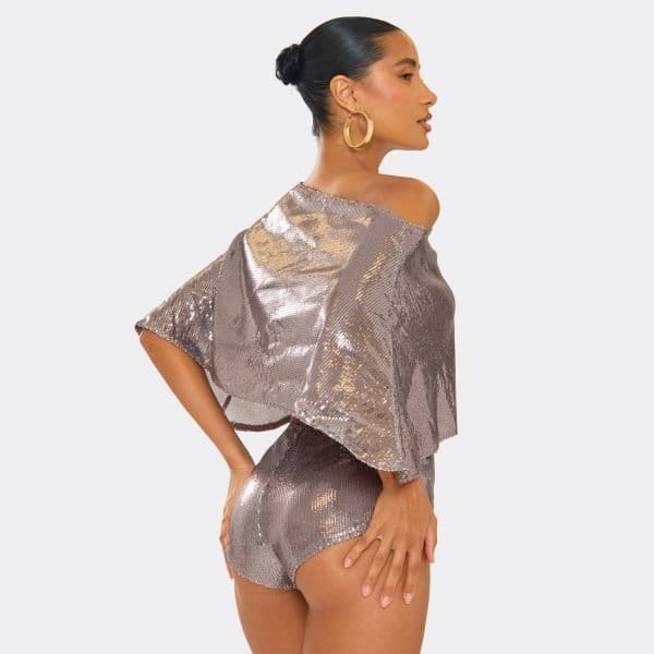 EGO Asymmetric Off The Shoulder Cape Top In Brown Metallic Sequin, Women's Size UK 6 - 2