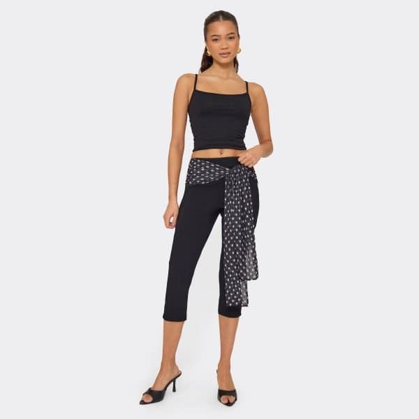 EGO Mid Rise Polka Dot Tie Detail Capri Leggings In Black, Women's Size UK 6