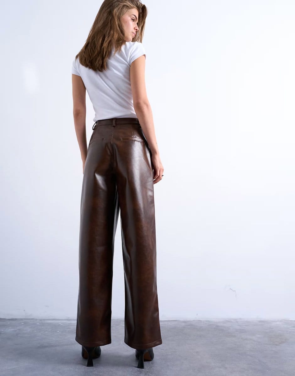 ASOS Topshop faux leather pleated straight leg trouser in rust - 4