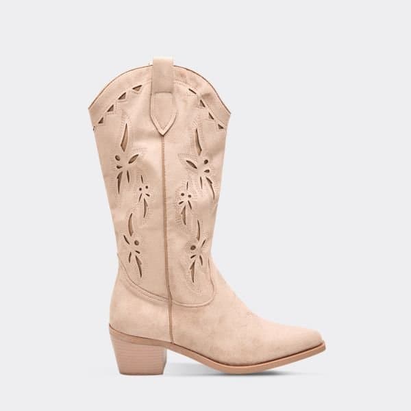 EGO Swift Cut Out Embroidered Detail Mid Calf Western Cowboy Boot In Beige Faux Suede, Women's Size UK 3