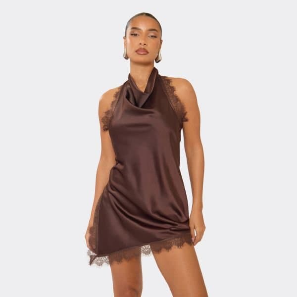 EGO Cowl Neck Lace Trim Asymmetric Hem Mini Dress In Chocolate Brown, Women's Size UK 4