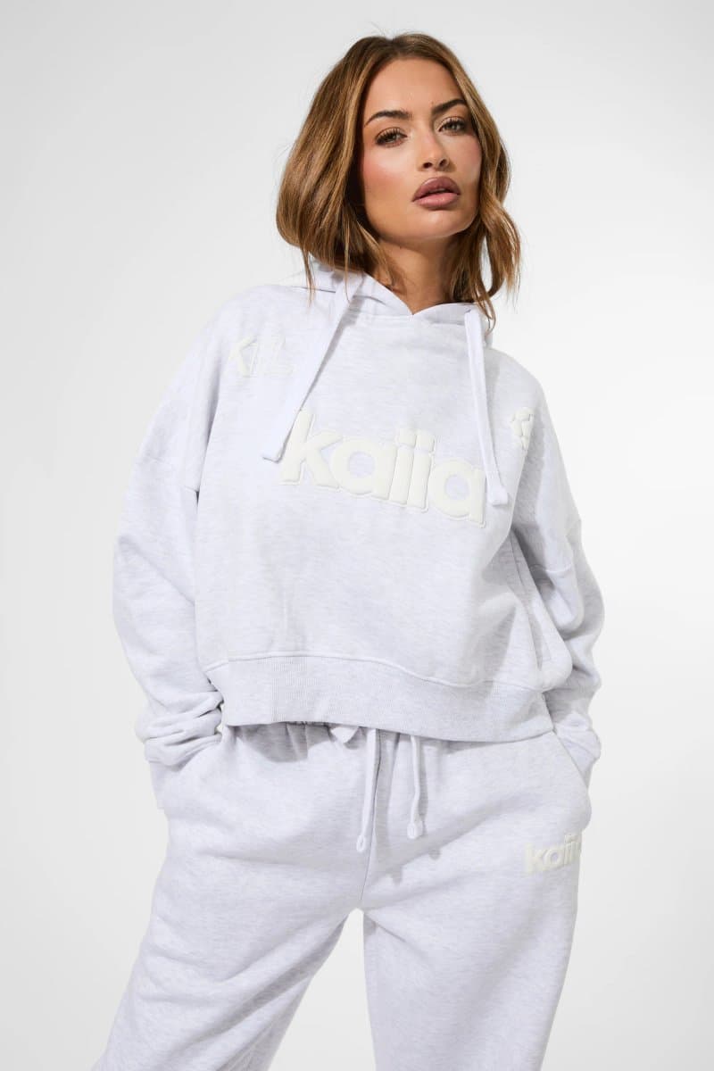 Kaiia Kaiia Puff Print Cropped Oversized Hoodie Ash Grey Marl