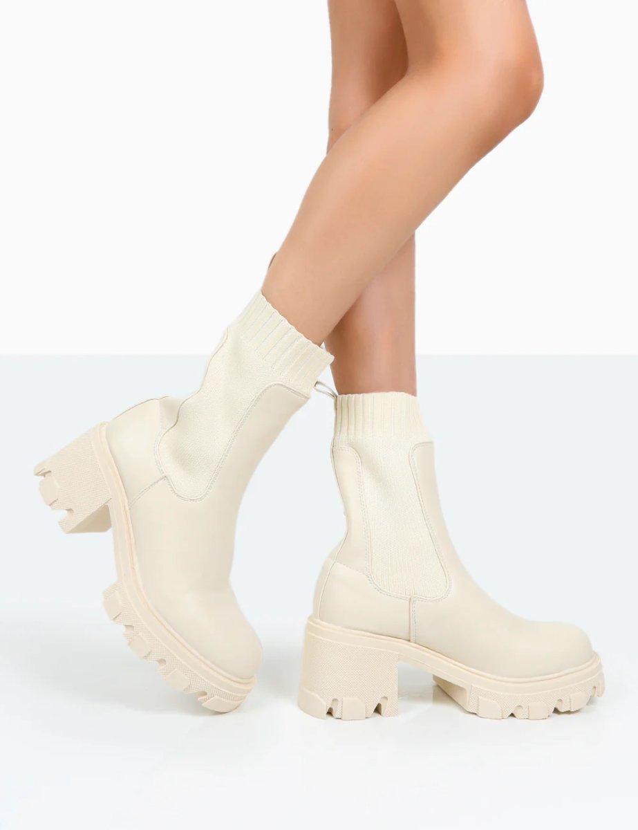 Public Desire Everdeen Ecru PU And Knit Chunky Heeled Platform Sock Ankle Boots - 2