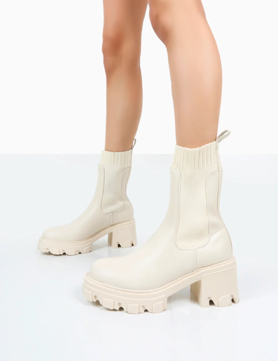 Public Desire Everdeen Ecru PU And Knit Chunky Heeled Platform Sock Ankle Boots - 3