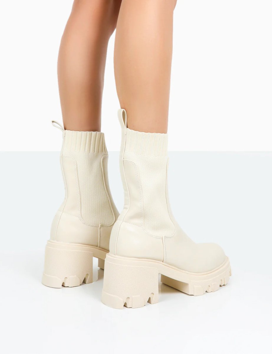 Public Desire Everdeen Ecru PU And Knit Chunky Heeled Platform Sock Ankle Boots - 4