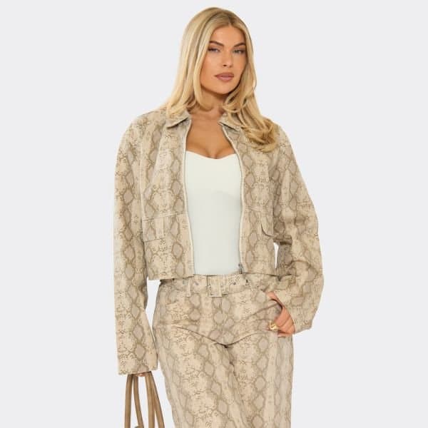 EGO Boxy Jacket In Brown Snake Print Denim, Women's Size UK 6