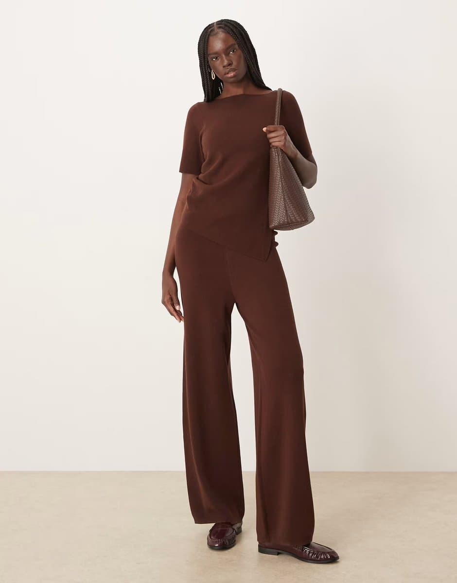 ASOS ASOS DESIGN ruched side asymmetric t-shirt & structured trouser co-ord in chocolate