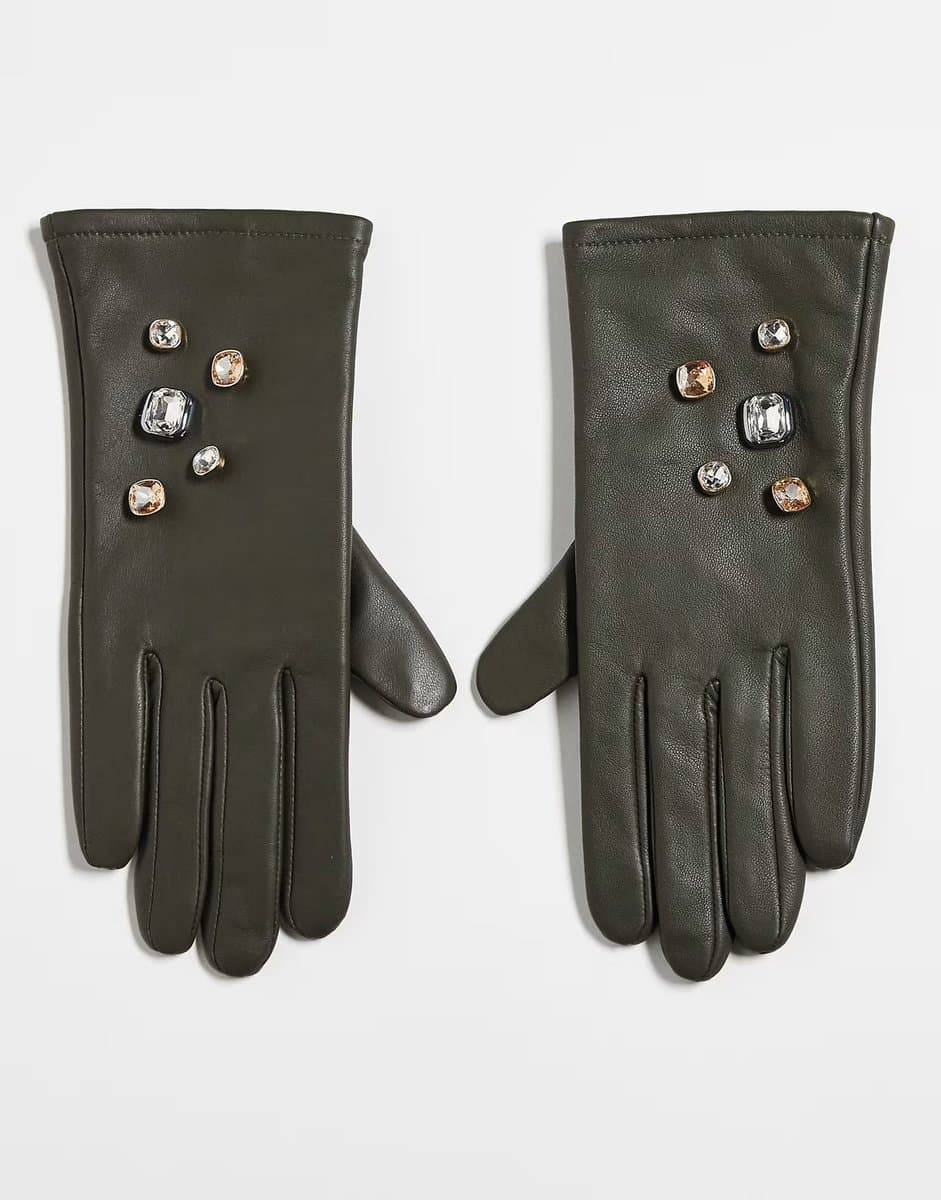 ASOS ASOS DESIGN leather embellished gem stone short gloves