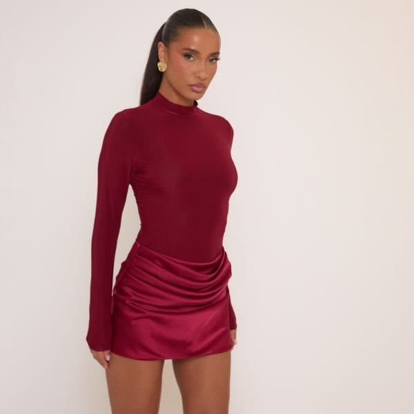 EGO Mid Rise Ruched Draped Front Mini Skirt In Burgundy Satin, Women's Size UK 4