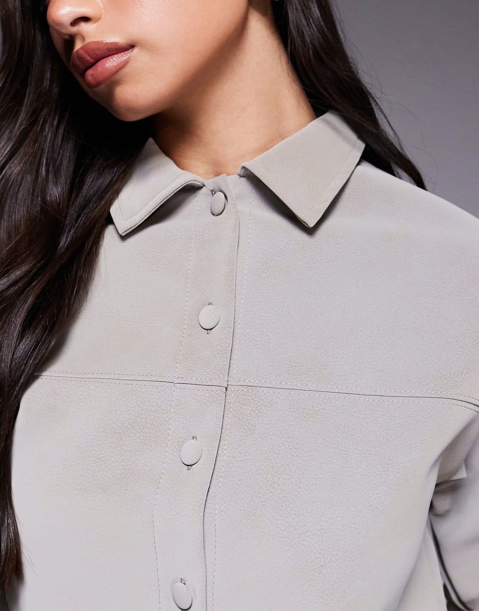 ASOS ASOS DESIGN co-ord textured leather look oversized shirt in stone - 4