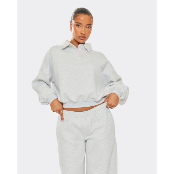 EGO Long Sleeve Collared Polo Sweatshirt In Light Grey Marl, Women's Size UK 4 - 2