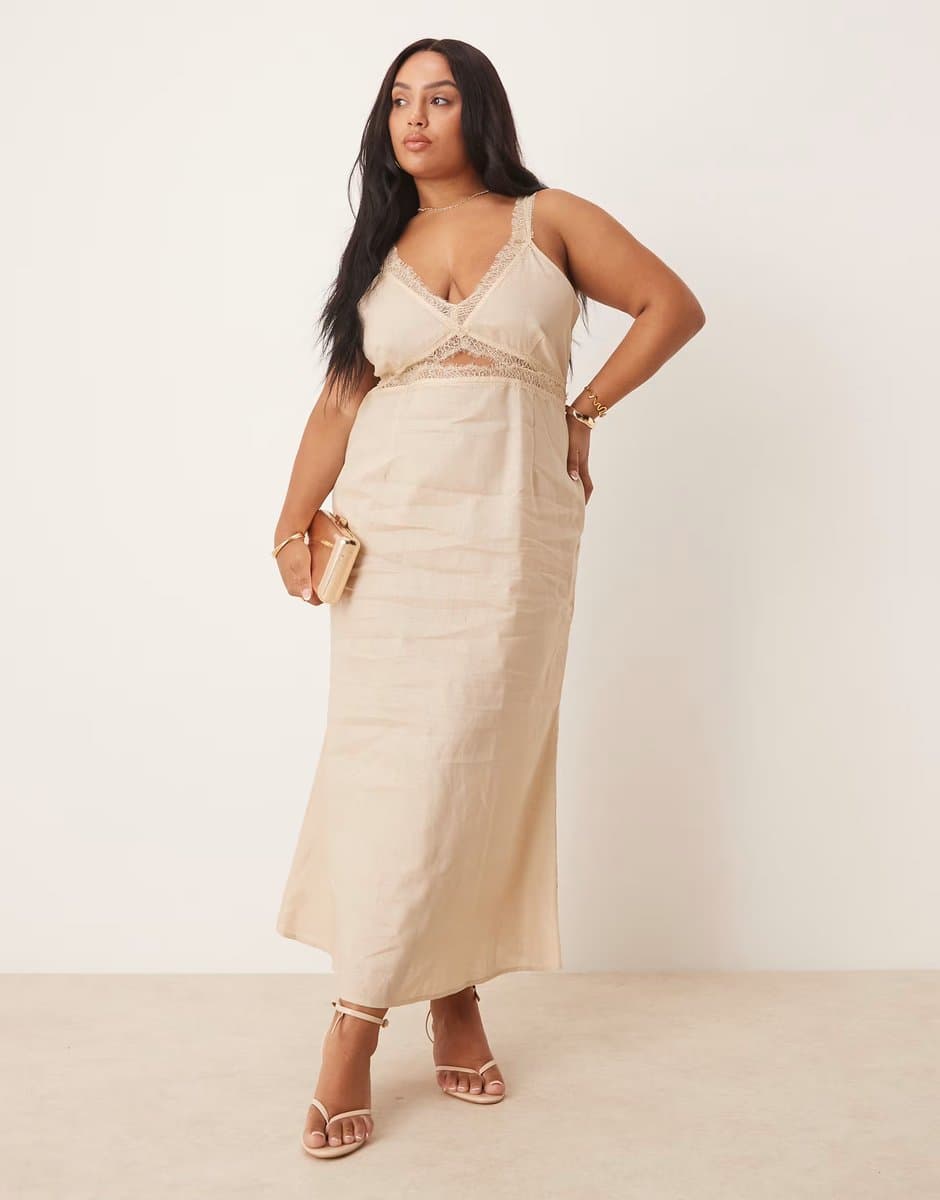 ASOS ASOS Plus Mimi Linen Cut-Out Midi Dress in Oatmeal