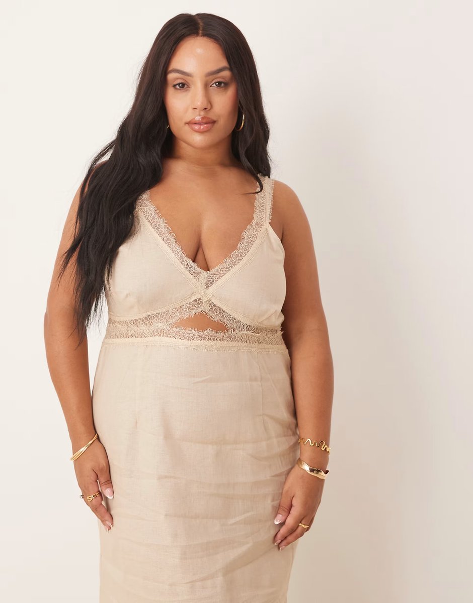 ASOS Never Fully Dressed Plus Mimi linen cut-out midaxi dress in oatmeal - 2