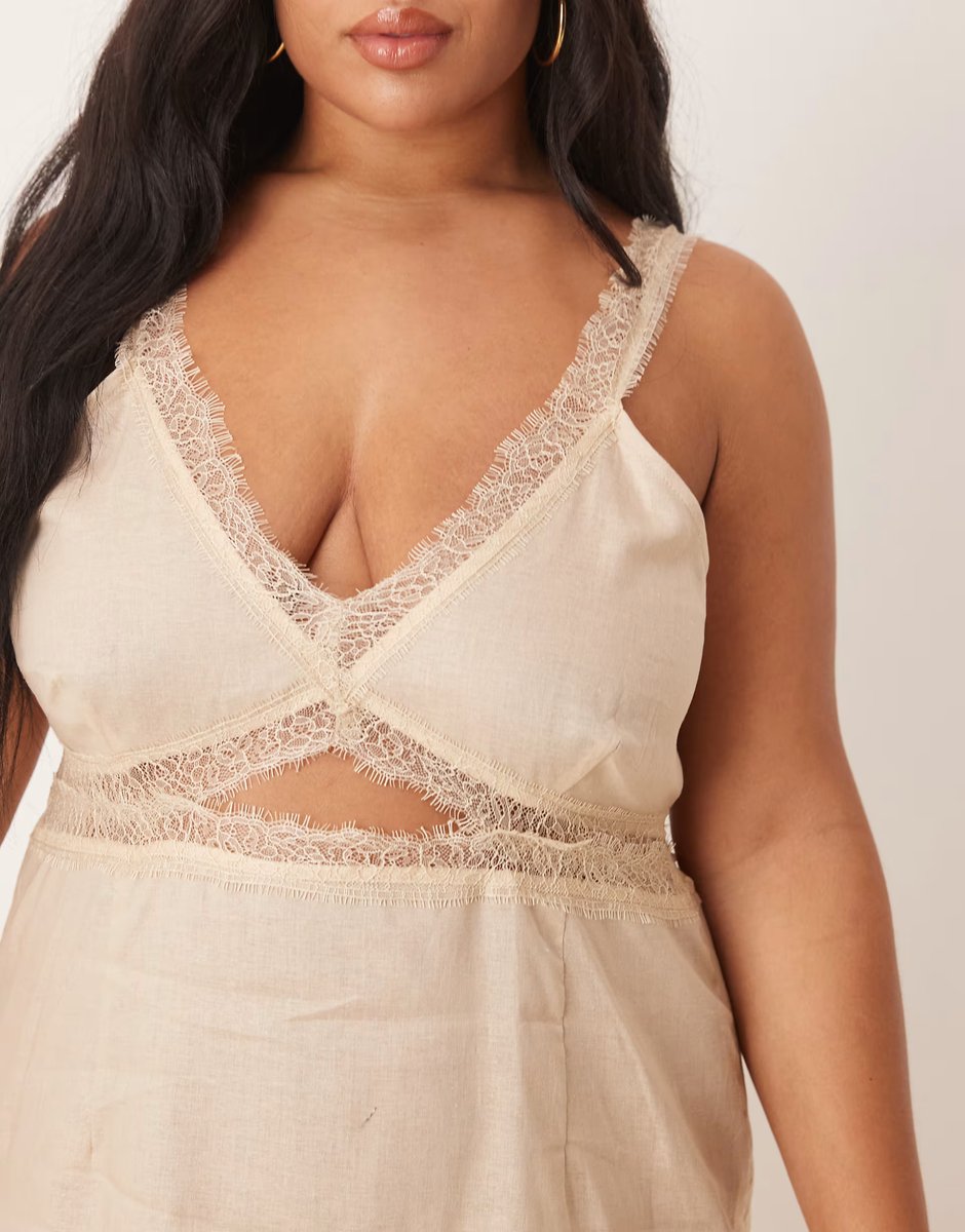 ASOS Never Fully Dressed Plus Mimi linen cut-out midaxi dress in oatmeal - 4