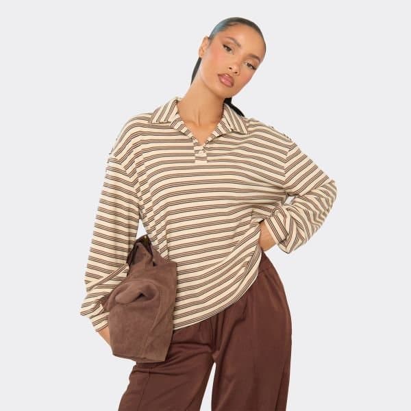 EGO Long Sleeve Collar Detail Top In Cream Stripe Soft Fleece, Women's Size UK 6