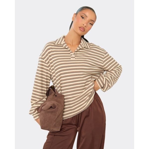 EGO Long Sleeve Collar Detail Top In Cream Stripe Soft Fleece, Women's Size UK 6 - 2