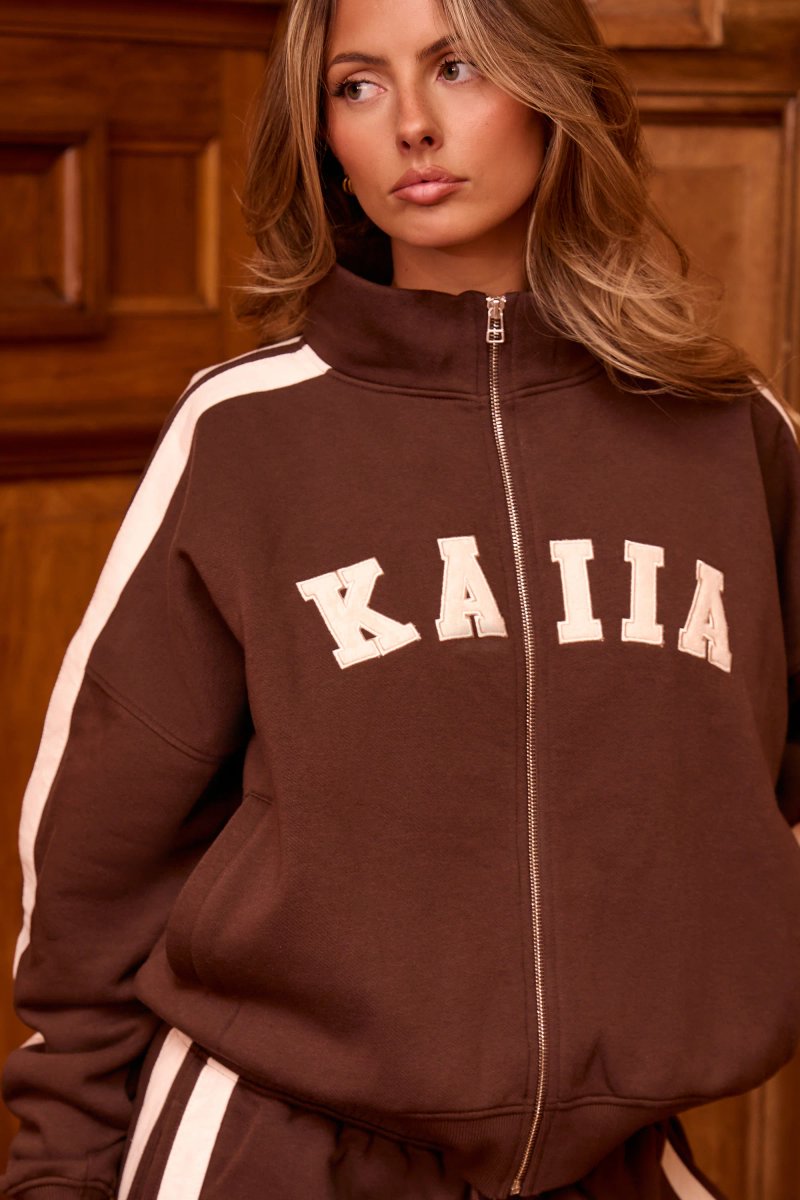 Kaiia Kaiia Sport Stripe Funnel Neck Zip Through Sweatshirt Bitter Chocolate & Cream - 2